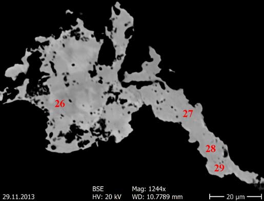 Szakáll Sándor et al. 6.8. ábra. Hammarit, emilit és krupkait elemzési pontok egy PbCuBi-szulfidos aggregátumban. BSE felvétel. jobbára már goethitté oxidálódtak.