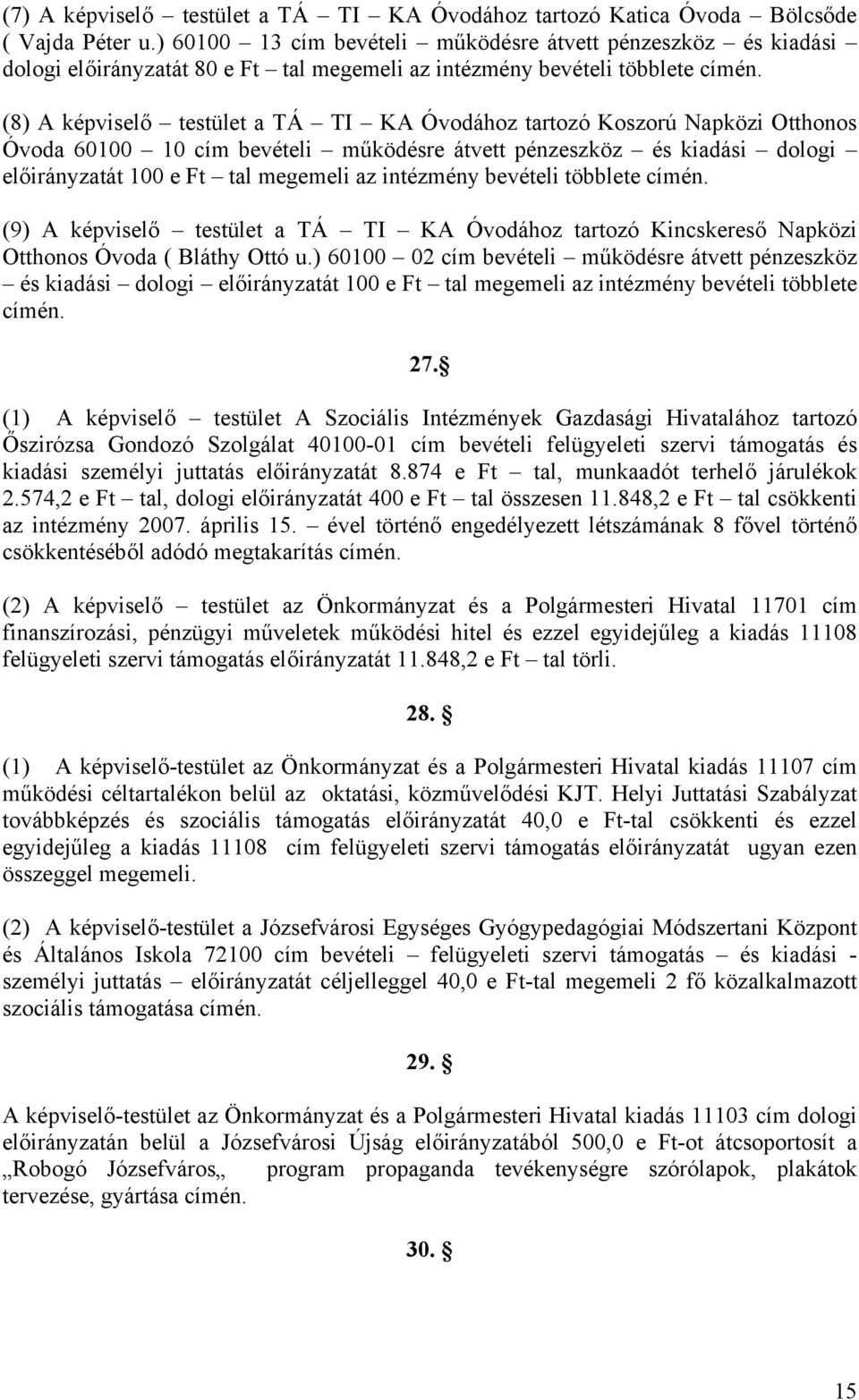 (8) A képviselő testület a TÁ TI KA Óvodához tartozó Koszorú Napközi Otthonos Óvoda 60100 10 cím bevételi működésre átvett pénzeszköz és kiadási dologi előirányzatát 100 e Ft tal megemeli az