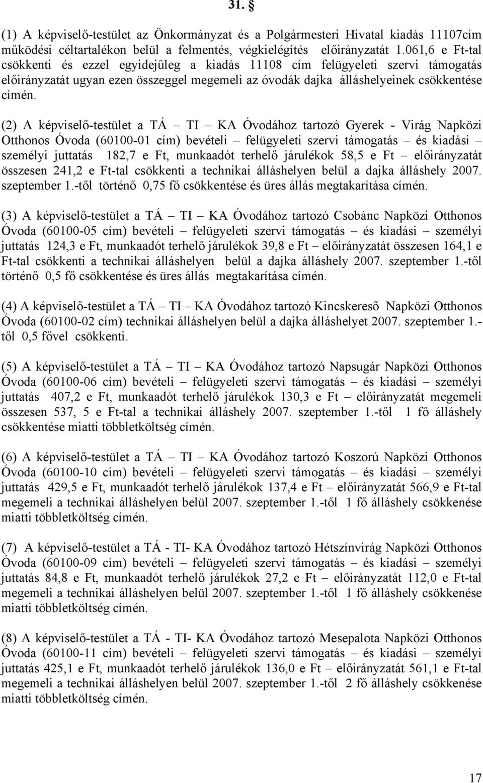 (2) A képviselő-testület a TÁ TI KA Óvodához tartozó Gyerek - Virág Napközi Otthonos Óvoda (60100-01 cím) bevételi felügyeleti szervi támogatás és kiadási személyi juttatás 182,7 e Ft, munkaadót