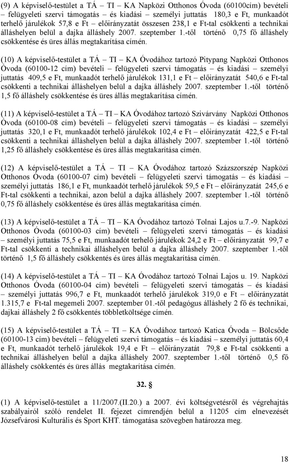 (10) A képviselő-testület a TÁ TI KA Óvodához tartozó Pitypang Napközi Otthonos Óvoda (60100-12 cím) bevételi felügyeleti szervi támogatás és kiadási személyi juttatás 409,5 e Ft, munkaadót terhelő