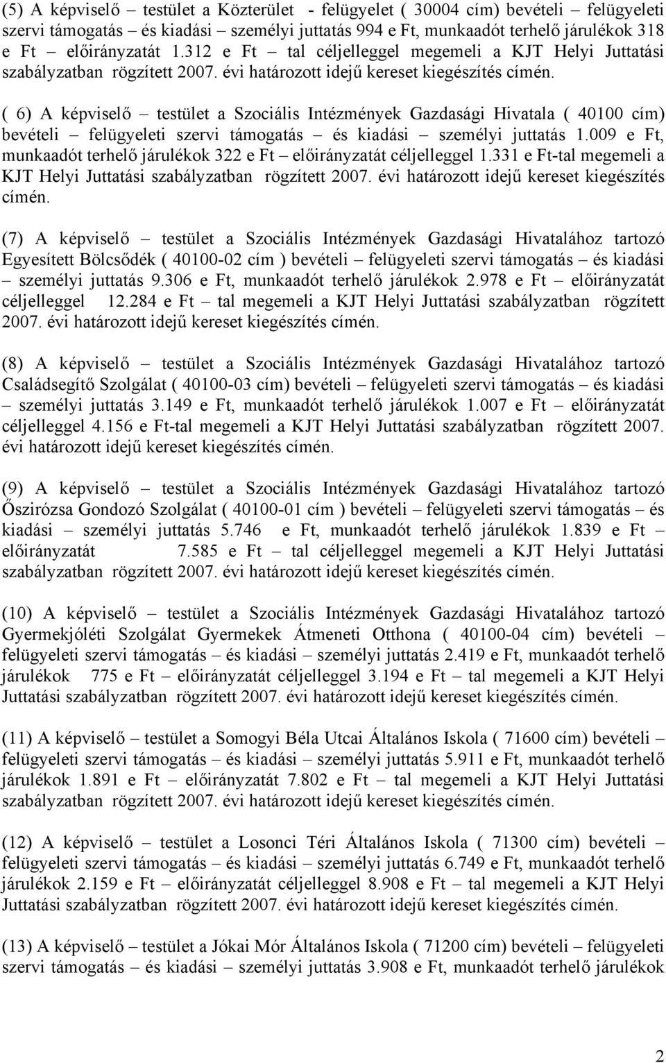 ( 6) A képviselő testület a Szociális Intézmények Gazdasági Hivatala ( 40100 cím) bevételi felügyeleti szervi támogatás és kiadási személyi juttatás 1.