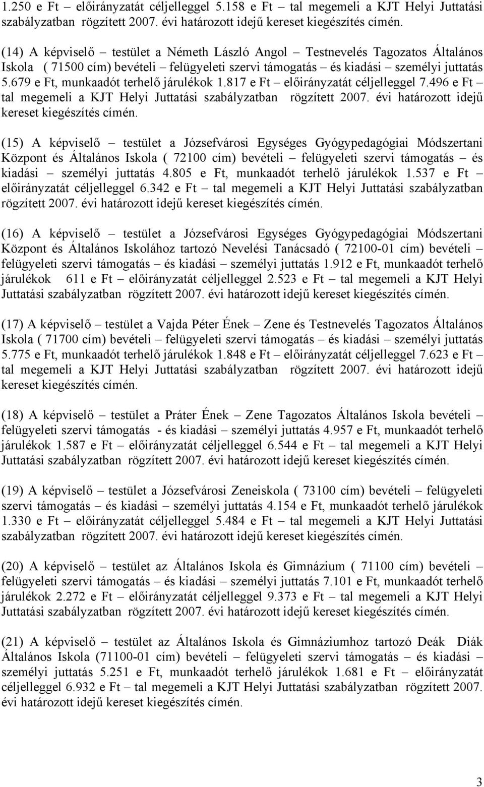 679 e Ft, munkaadót terhelő járulékok 1.817 e Ft előirányzatát céljelleggel 7.496 e Ft tal megemeli a KJT Helyi Juttatási szabályzatban rögzített 2007. évi határozott idejű kereset kiegészítés címén.