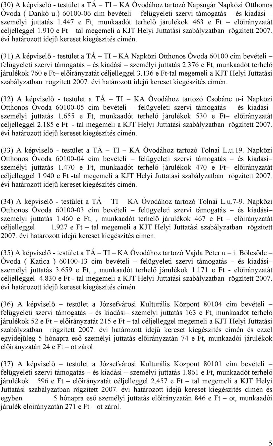 (31) A képviselő - testület a TÁ TI KA Napközi Otthonos Óvoda 60100 cím bevételi felügyeleti szervi támogatás és kiadási személyi juttatás 2.