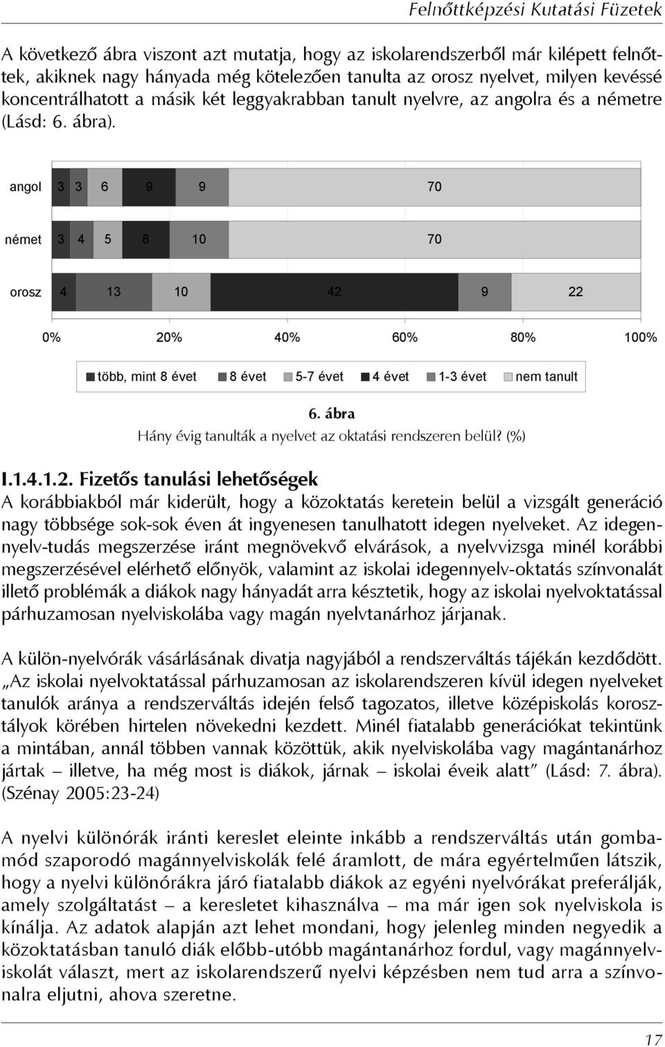 angol 3 3 6 9 9 70 német 3 4 5 8 10 70 orosz 4 13 10 42 9 22 0% 20% 40% 60% 80% 100% több, mint 8 évet 8 évet 5-7 évet 4 évet 1-3 évet nem tanult 6.