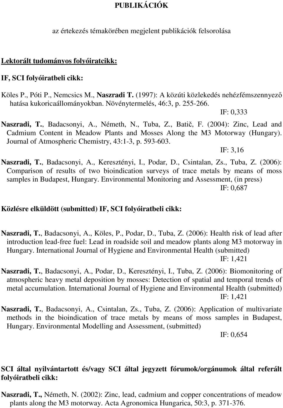 (2004): Zinc, Lead and Cadmium Content in Meadow Plants and Mosses Along the M3 Motorway (Hungary). Journal of Atmospheric Chemistry, 43:1-3, p. 593-603. IF: 3,16 Naszradi, T., Badacsonyi, A.