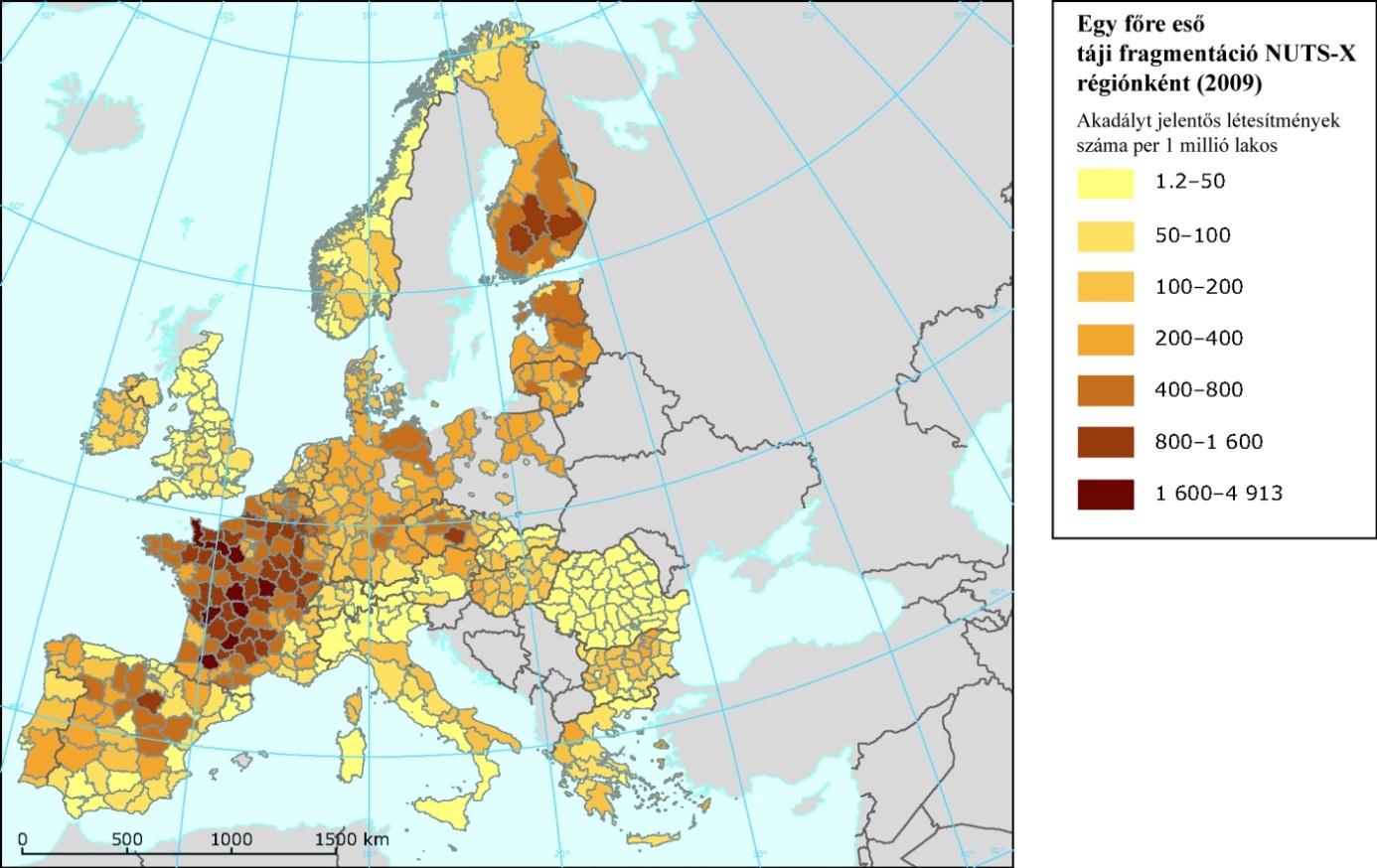 2. térkép: Táji fragmentáció Európa egyes országaiban (Forrás: Európai Környezetvédelmi Ügynökség, 2009) Az élőhelyek feldarabolódását jelentős mértékben a közlekedési infrastruktúrák és a beépített