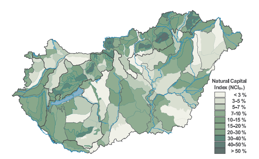 3. térkép: Magyarország növényzet-alapú természeti tőke indexe (NCIlin) földrajzi kistájanként (Forrás: MÉTA adatbázison alapuló kutatás, 2008) 2.1.