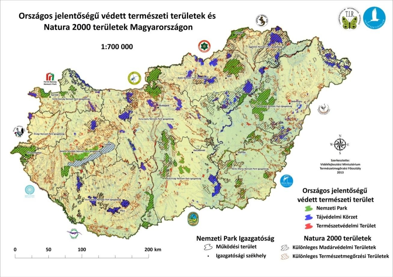 1. térkép: Országos jelentőségű védett természeti területek és Natura 2000 területek Magyarországon (Forrás: VM, 2013) Magyarországon kb. 2200 magasabb rendű (edényes) növény és kb. 42.