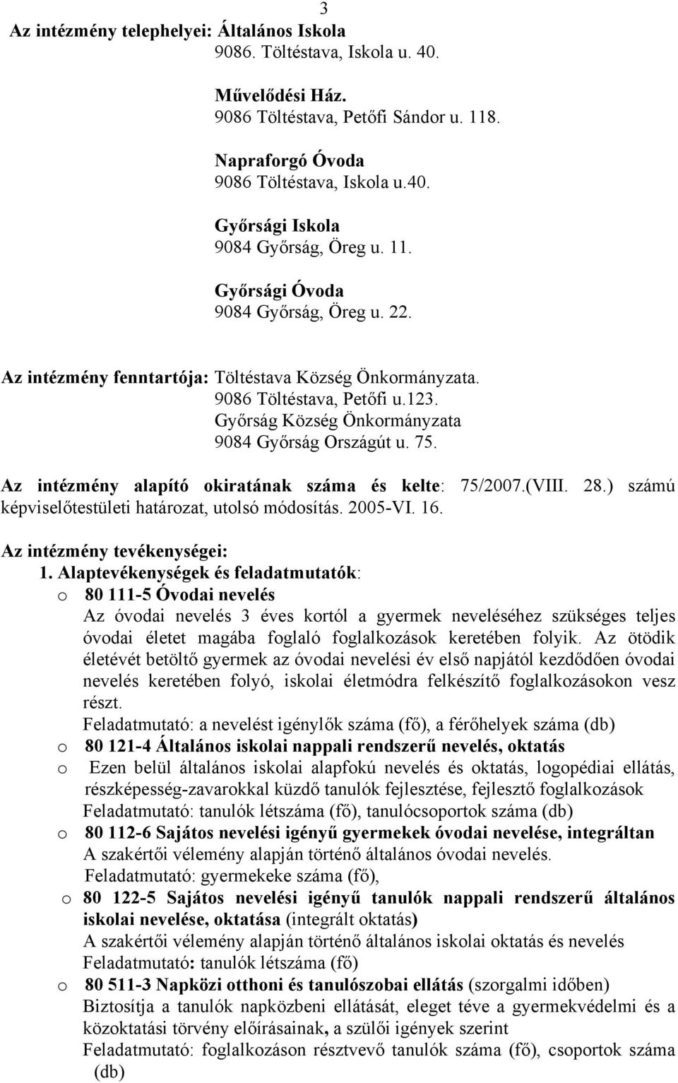 Az intézmény alapító okiratának száma és kelte: 75/2007.(VIII. 28.) számú képviselőtestületi határozat, utolsó módosítás. 2005-VI. 16. Az intézmény tevékenységei: 1.