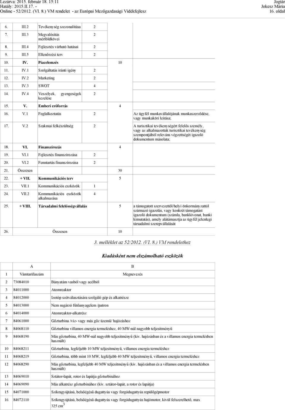 V.2 Szakmai felkészültség 2 A turisztikai tevékenységért felelős személy, vagy az alkalmazottak turisztikai tevékenység szemjából releváns végzettségét igazoló dokumentum másolata; 18. VI.