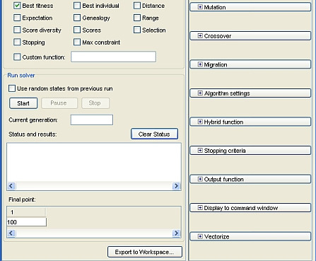 Genetic Algorithm Tool Fitnessz függvény megadása Függvényváltozók száma Feltételek Megjelenítő funkciók (Plots): Ezen beállítások szabályozásával az algoritmus egyes