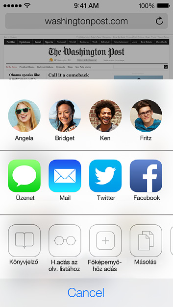 Tartalmak megosztása Koppintson egy közelben lévő baráttal AirDropon történő megosztáshoz. Megosztás a szokásás módszerekkel. Beszámolás a hírekről: Koppintson a elemre.