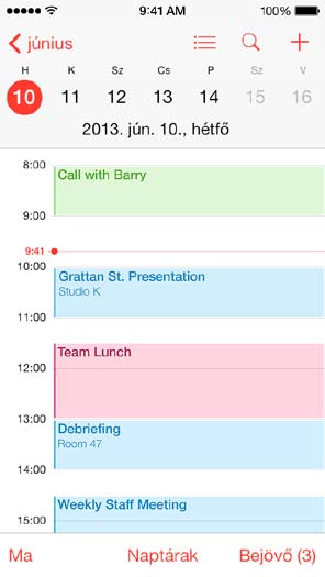 Naptár 10 Naptár rövid áttekintés Eseménylista megtekintése. Naptárak és fiókok módosítása. Meghívások megtekintése.