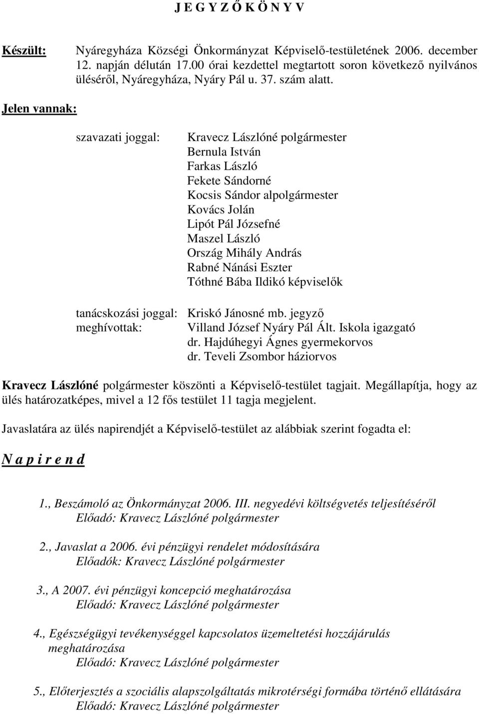 Jelen vannak: szavazati joggal: Kravecz Lászlóné polgármester Bernula István Farkas László Fekete Sándorné Kocsis Sándor alpolgármester Kovács Jolán Lipót Pál Józsefné Maszel László Ország Mihály