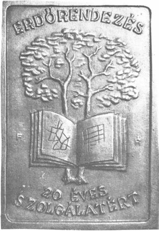 66 2-602 M É M - E R S Z Törzsgárda plakett (20 éves) E: Kiemelkedő kereten belül középen üzemtervet szimbolizáló nyitott könyv, alatta két középkorú lombos fa.