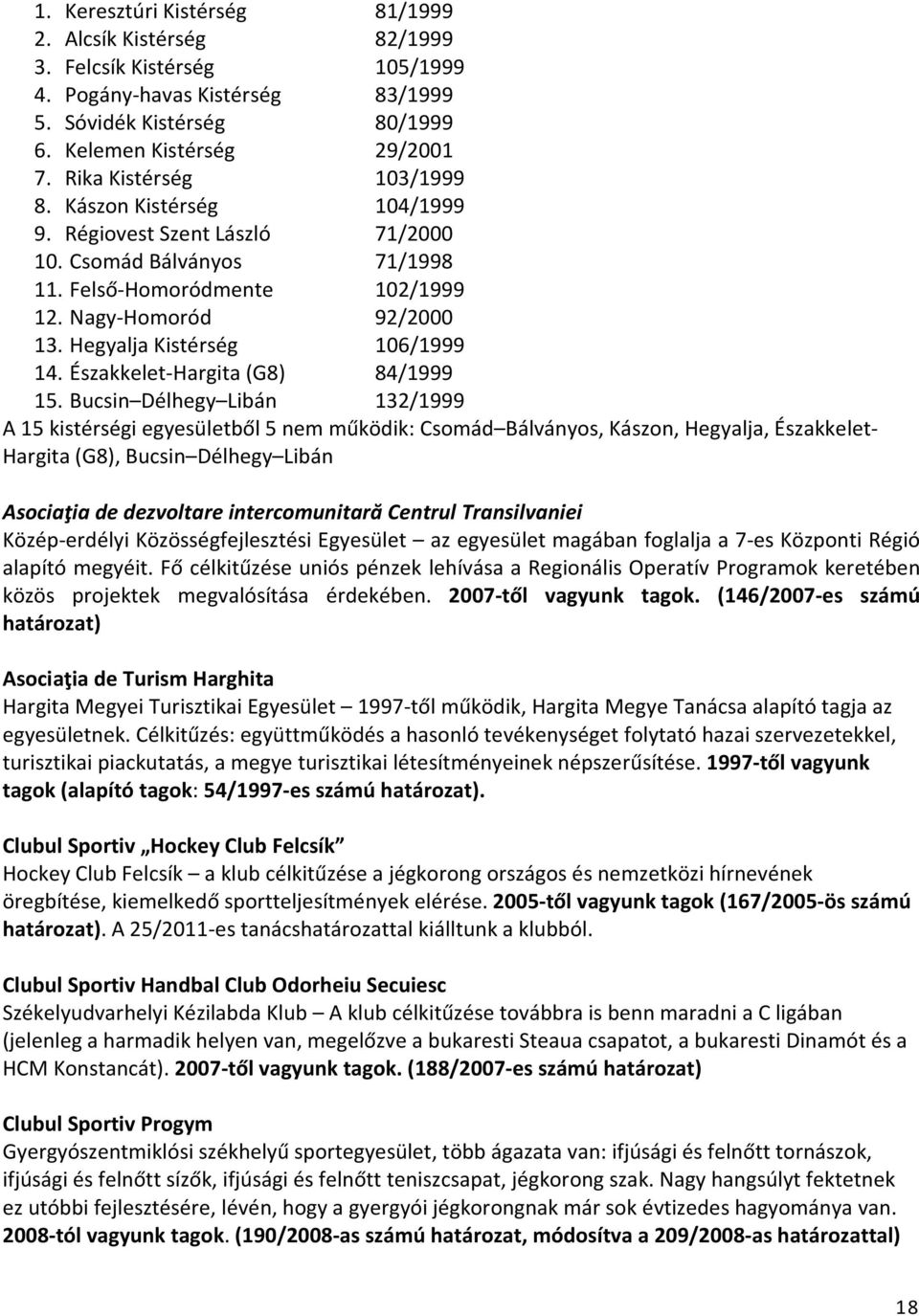 Hegyalja Kistérség 106/1999 14. Északkelet-Hargita (G8) 84/1999 15.