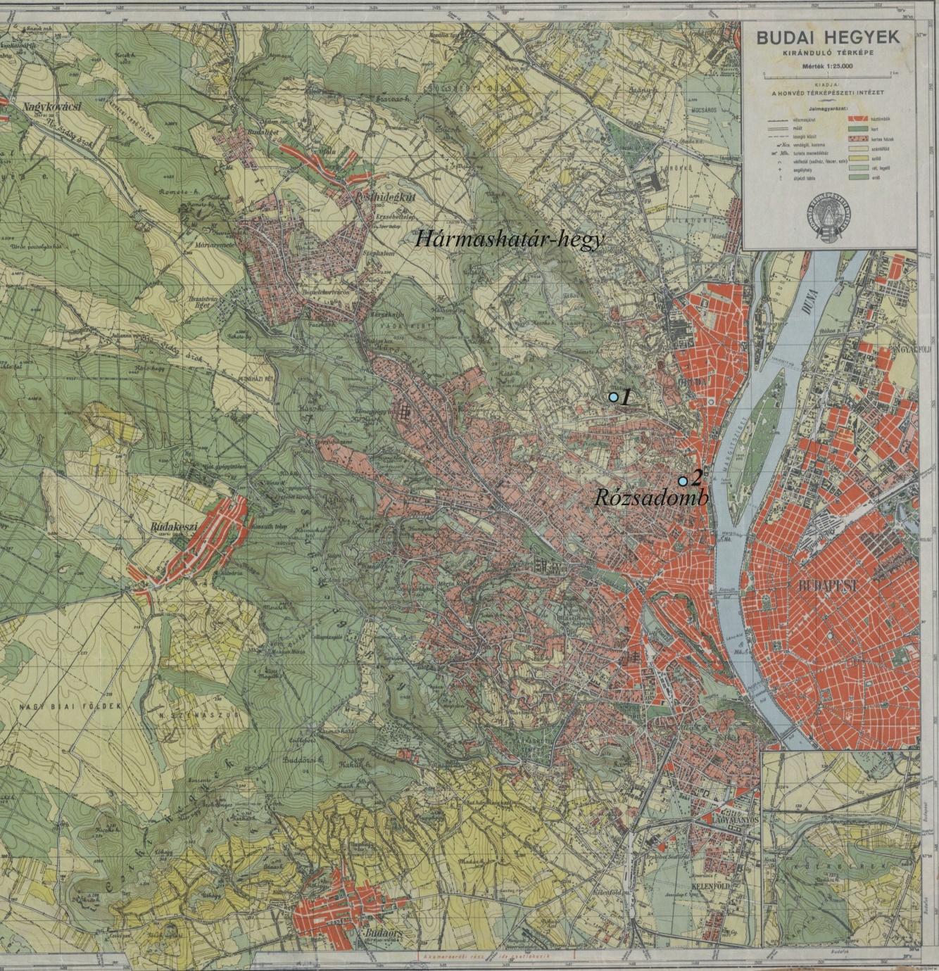 3. ábra: A Hármashatár.hegy és a Rózsadomb elhelyezkedése a Budai-hegységben. Az 1-es pont a Pál-völgyi.barlangot, a 2-es a Molnár János-barlangot jelöli. (forrás: Honvéd Térképészeti Intézet. M. 1:25 000.