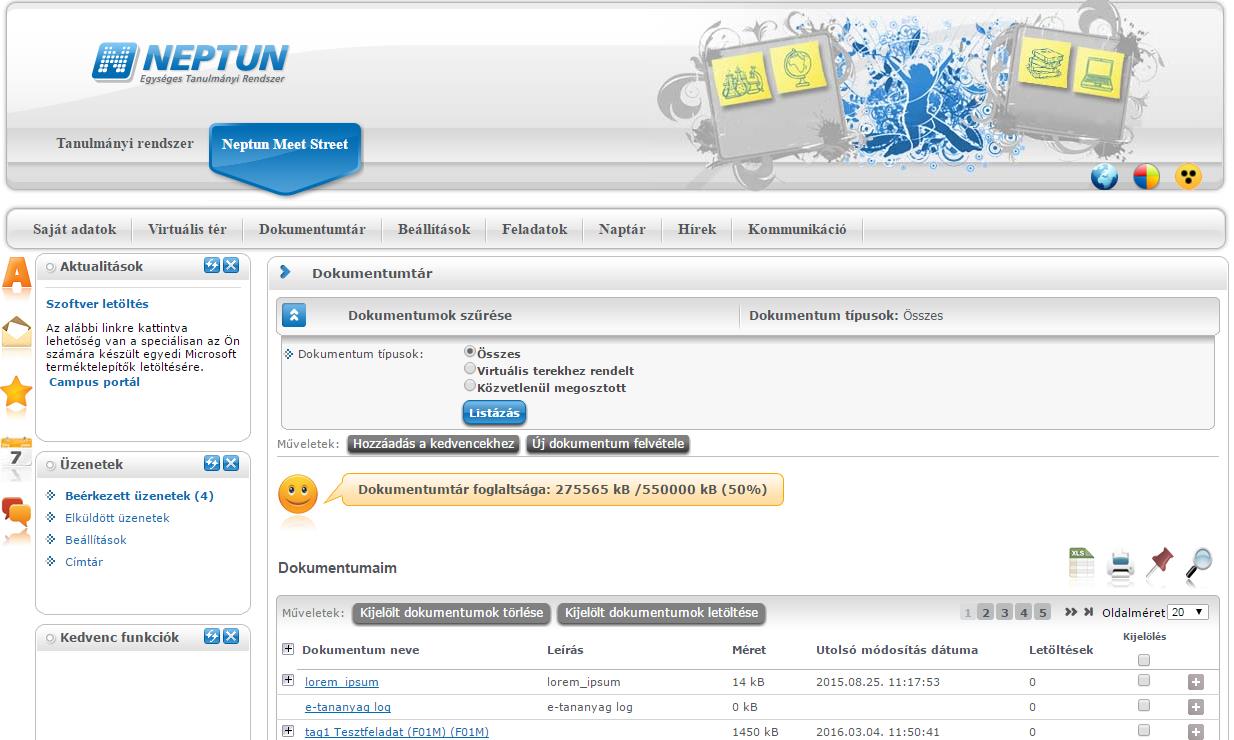 3. Dokumentumtár Az NMS közösségi tér egyik fő funkciója a fájlok/dokumentumok feltöltésével, publikálásával kapcsolatos, mely ebből a menüpontból érhető el.