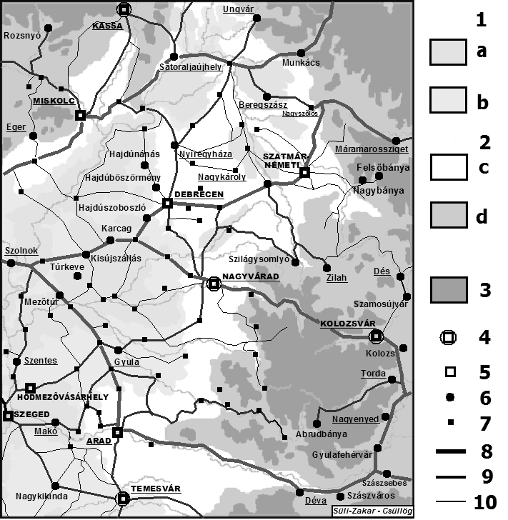 4. ábra: A Partium funkcióterei, városhierarchiája és vasúthálózata 1. az ármentesített térszínek erőteljesen aktivizálódó agrárvárosi zónája: a) ármentesített felszínek b) külső ártérperemek 2.