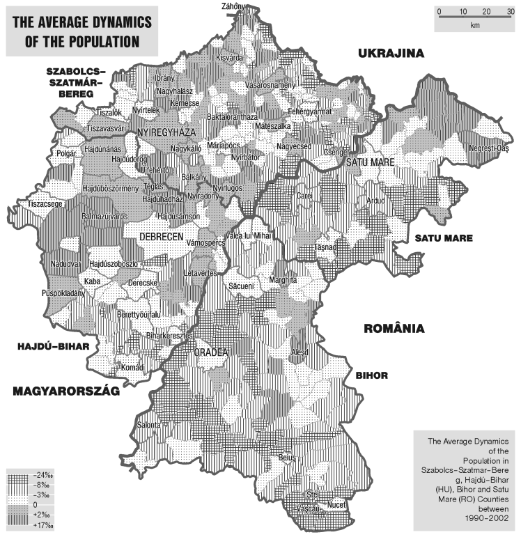 3. ábra: Szabolcs-Szatmár-Bereg és Hajdú-Bihar, valamint Bihar és Szatmár megye átlagos népességnövekedési üteme az 1990-2002-es periódusra községi szinten.