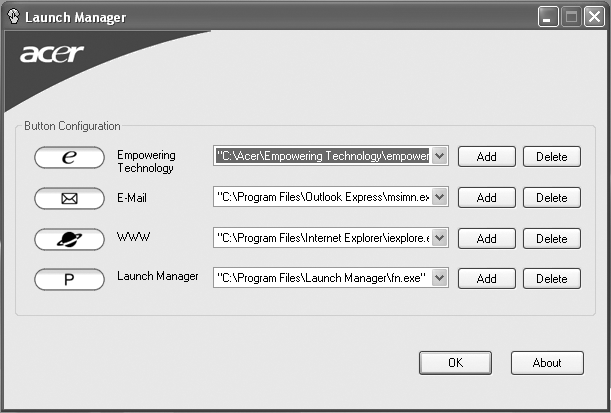 33 Launch Manager A Launch Manager lehetővé teszi a billentyűzet fölött található 4 gyorsindítás gomb beállítását.