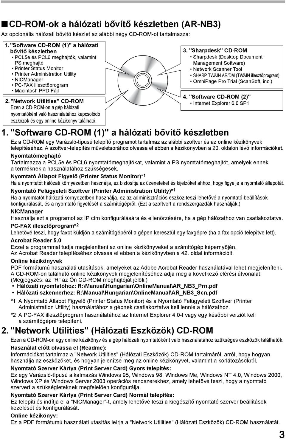 Fájl. "Network Utilities" CD-ROM Ezen a CD-ROM-on a gép hálózati nyomtatóként való használatához kapcsolódó eszközök és egy online kézikönyv található.