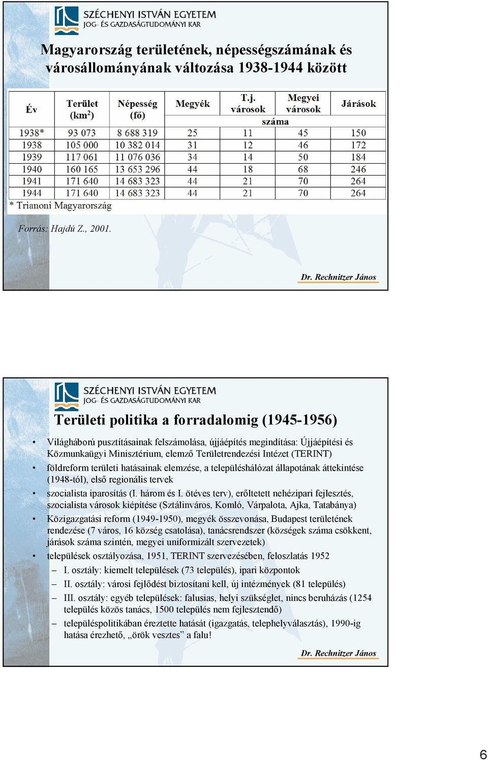 földreform területi hatásainak elemzése, a településhálózat állapotának áttekintése (1948-tól), elsı regionális tervek szocialista iparosítás (I. három és I.