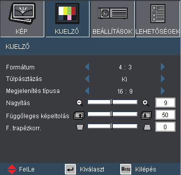 Felhasználói kezelőszervek KIJELZŐ A Megjelenítés típusa csak a WXGA típuson támogatott.