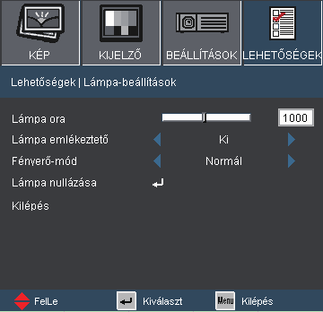 Felhasználói kezelőszervek LEHETŐSÉGEK Lámpa-beállítás Lámpa ora A lámpa teljes üzemidejének megjelenítése.