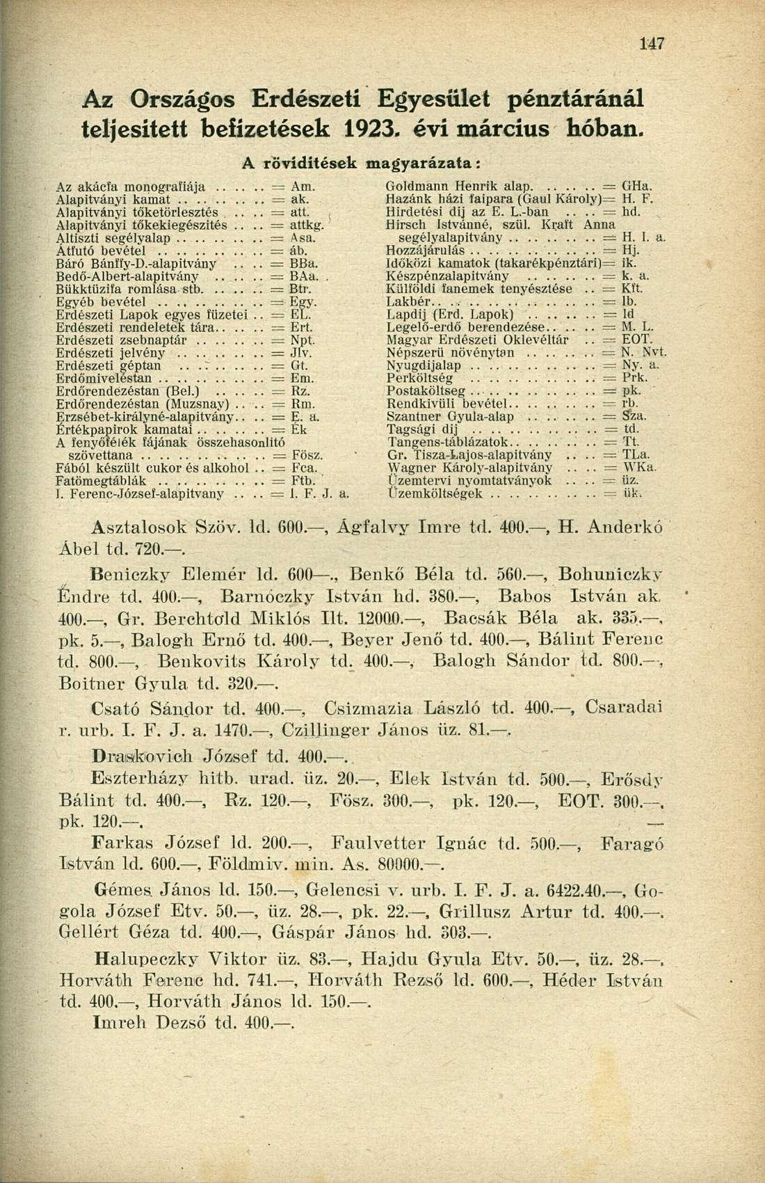 Az Országos Erdészeti Egyesület pénztáránál teljesített befizetések 1923. évi március hóban. A rövidítések magyarázata: Az akácfa monográfiája = Am. Alapítványi kamat = ak. Alapítványi tőketörlesztés.