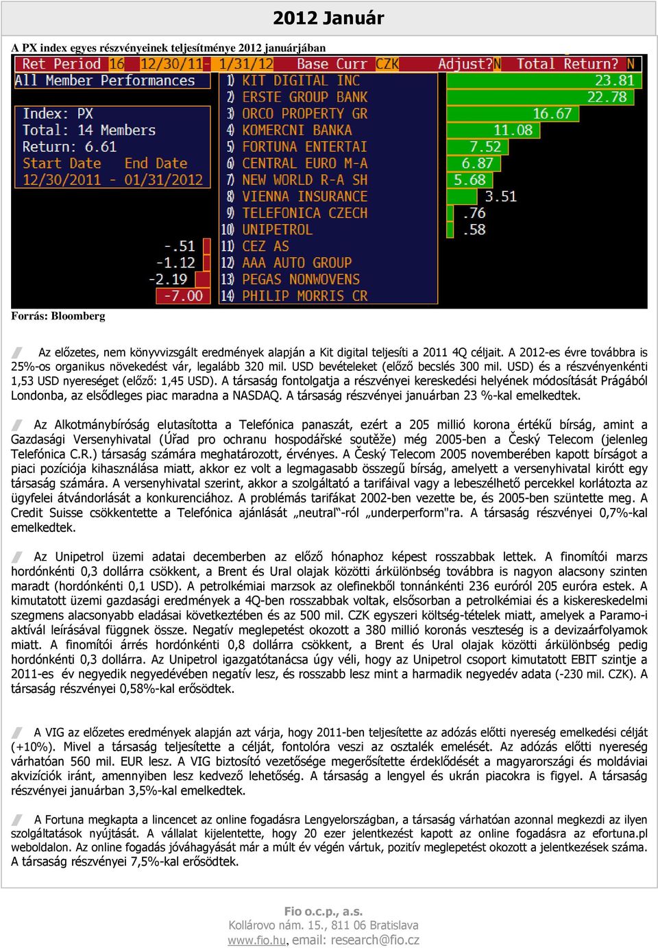 A társaság fontolgatja a részvényei kereskedési helyének módosítását Prágából Londonba, az elsıdleges piac maradna a NASDAQ. A társaság részvényei januárban 23 %-kal emelkedtek.