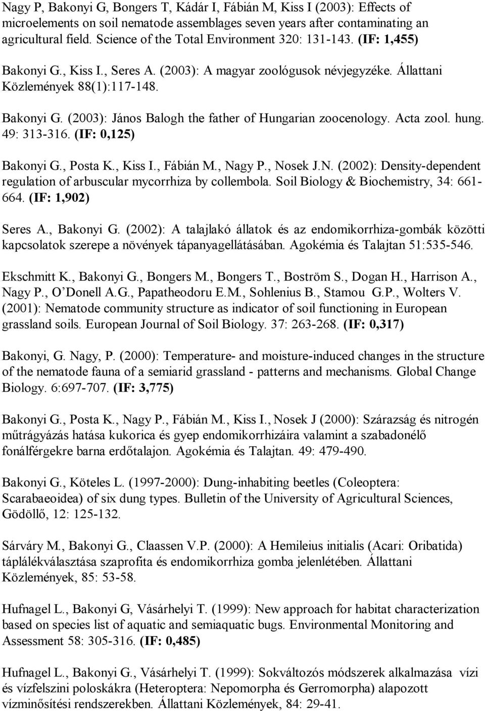 Acta zool. hung. 49: 313-316. (IF: 0,125) Bakonyi G., Posta K., Kiss I., Fábián M., Nagy P., Nosek J.N. (2002): Density-dependent regulation of arbuscular mycorrhiza by collembola.