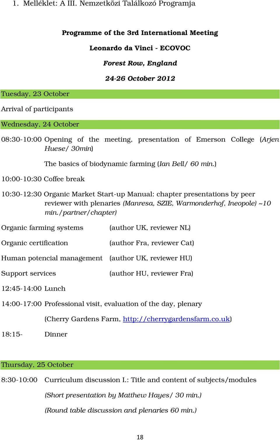 October 2012 08:30-10:00 Opening of the meeting, presentation of Emerson College (Arjen Huese/ 30min) 10:00-10:30 Coffee break The basics of biodynamic farming (Ian Bell/ 60 min.