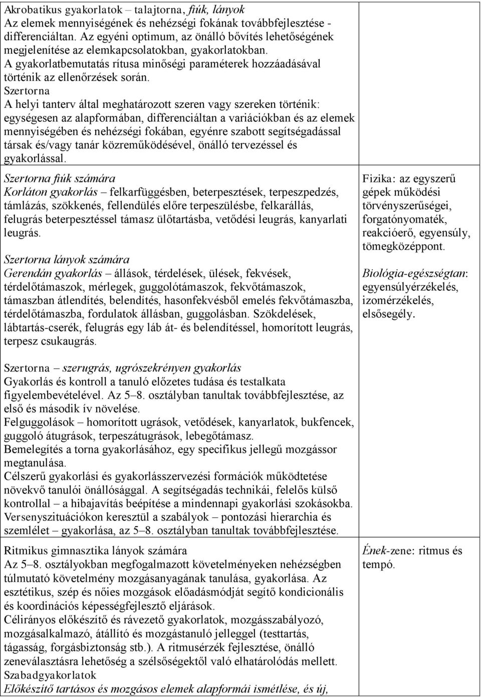 Szertorna A helyi tanterv által meghatározott szeren vagy szereken történik: egységesen az alapformában, differenciáltan a variációkban és az elemek mennyiségében és nehézségi fokában, egyénre