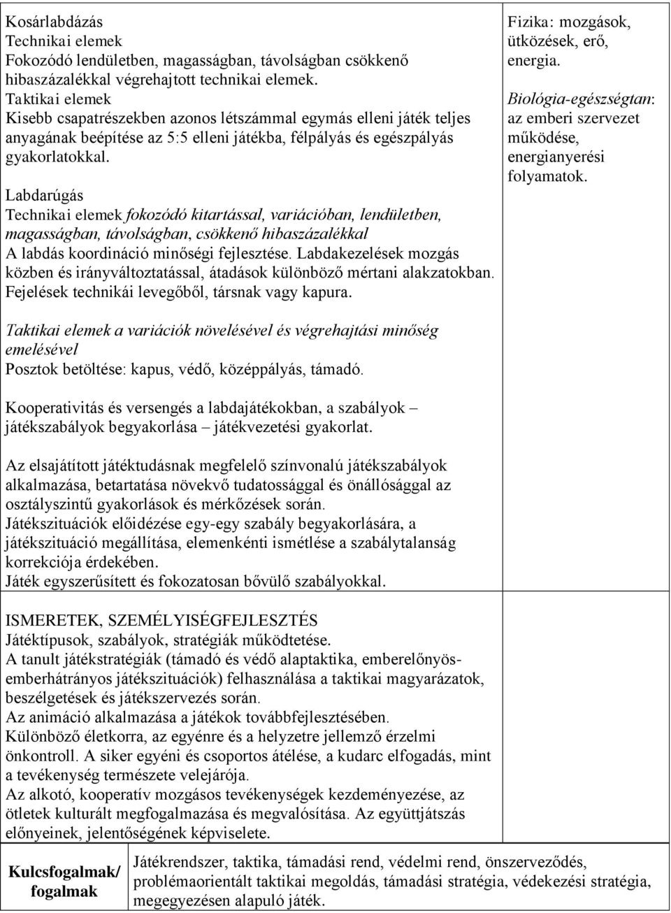 Labdarúgás Technikai elemek fokozódó kitartással, variációban, lendületben, magasságban, távolságban, csökkenő hibaszázalékkal A labdás koordináció minőségi fejlesztése.