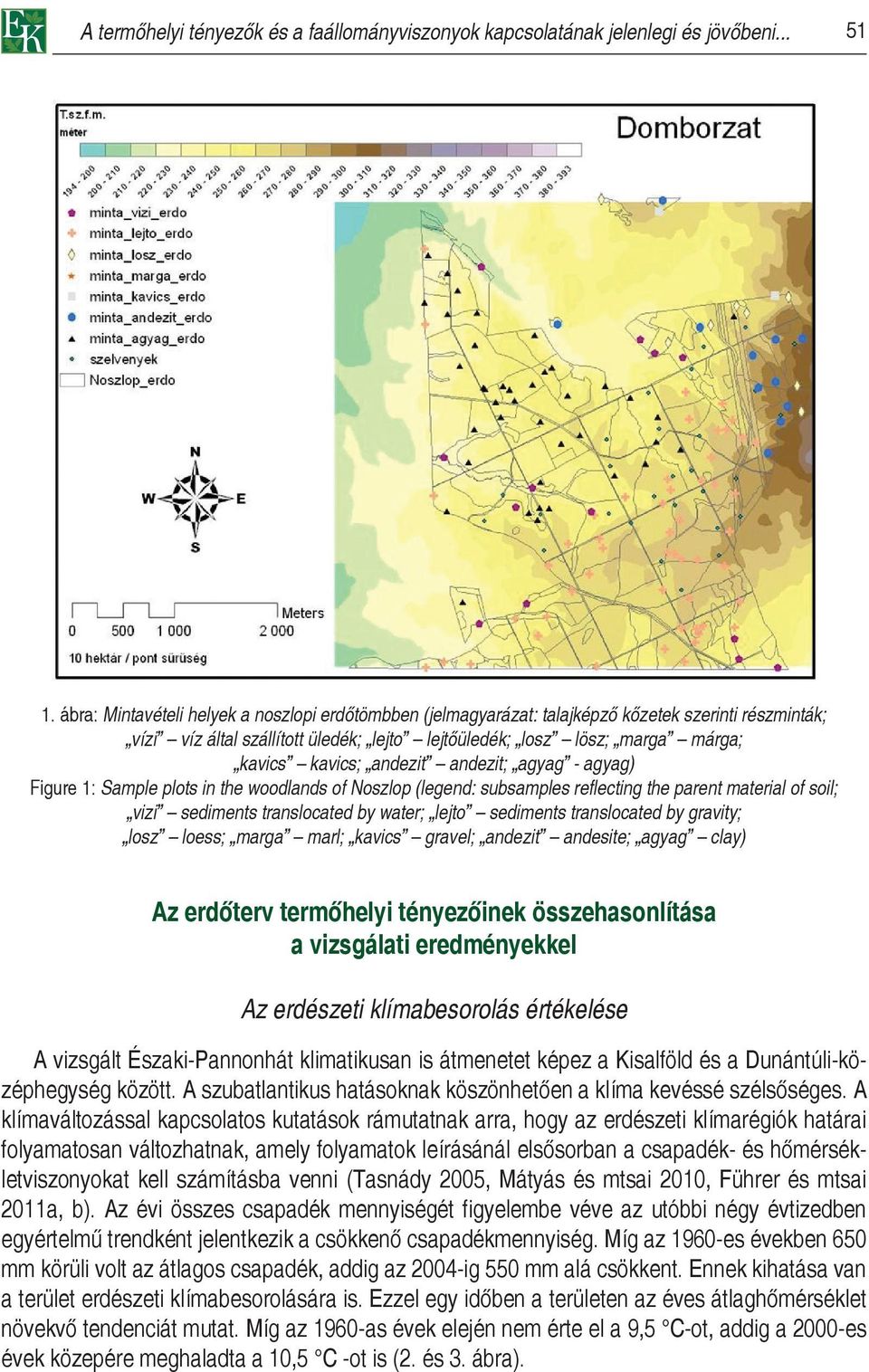 andezit andezit; agyag - agyag) Figure 1: Sample plots in the woodlands of Noszlop (legend: subsamples reflecting the parent material of soil; vizi sediments translocated by water; lejto sediments