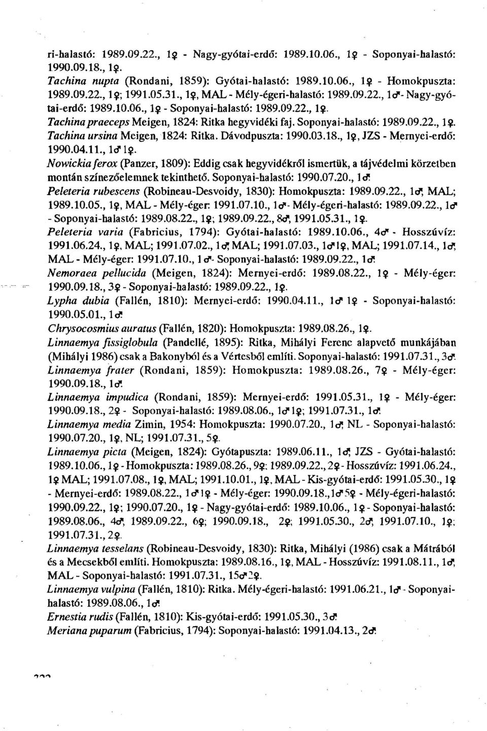 Soponyai-halastó: 1989.09.22., 1$. Tachina ursina Meigen, 1824: Ritka. Dávodpuszta: 1990.03.18., 1?, JZS - Mernyei-erdő: 1990.04.11., Id4$.