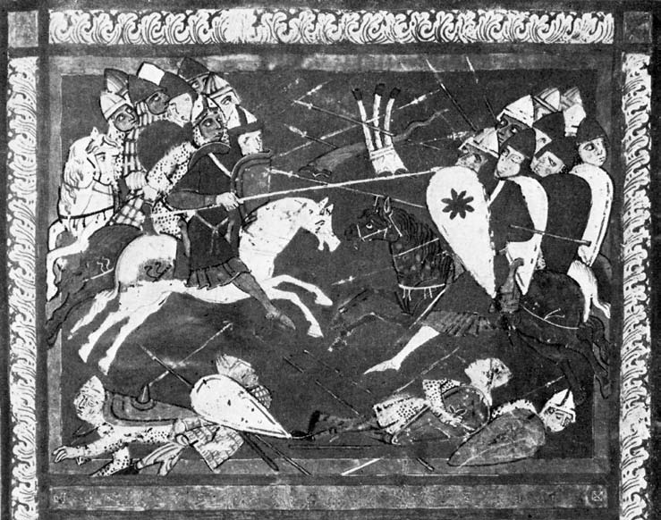 Ószövetségi harci jelenet az admonti bibliában (XII. század második fele) A hadilovak teherbírása növelésének két látványos szakasza érhető tetten a forrásokban.