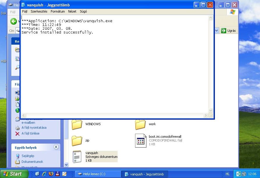 Ez a napló állomány tartalmaz minden, a Vanquish rootkit futásával