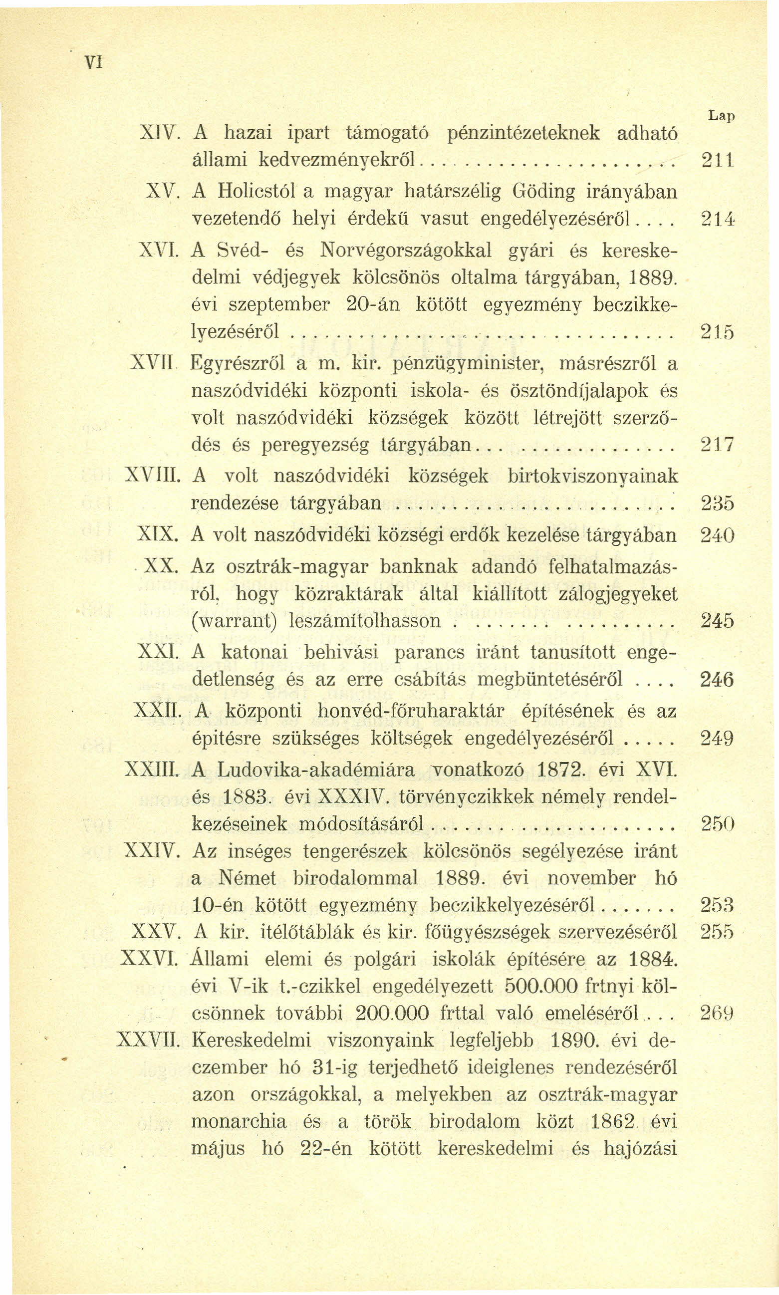 VI XIV. A hazai ipart támogató pénzintézeteknek adható állami kedvezményekrői....................... 211 XV.