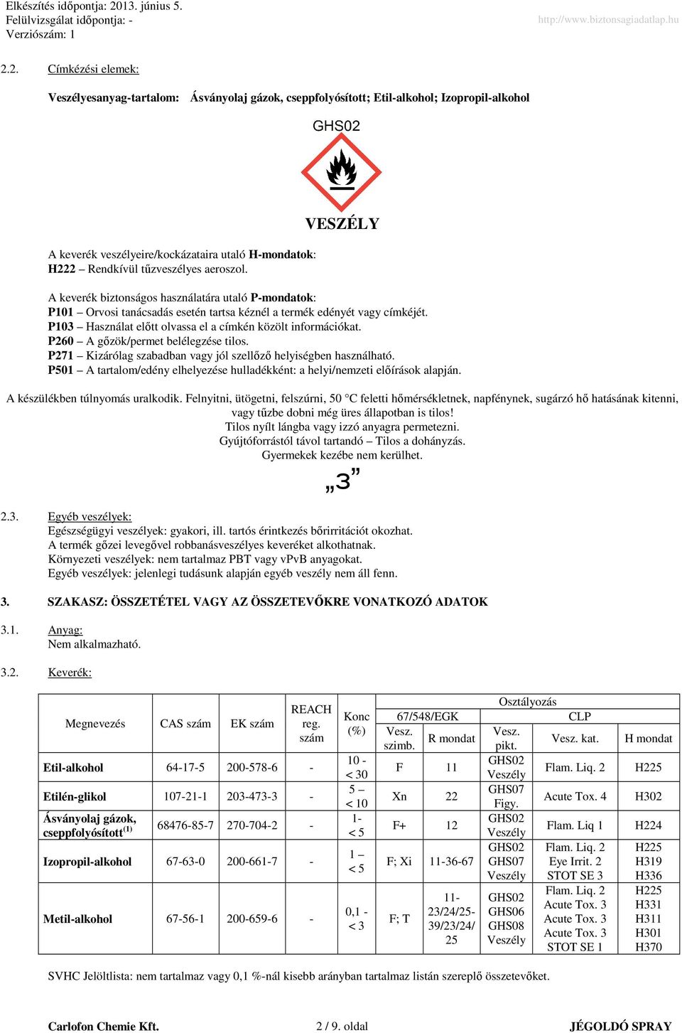 P103 Használat elıtt olvassa el a címkén közölt információkat. P260 A gızök/permet belélegzése tilos. P271 Kizárólag szabadban vagy jól szellızı helyiségben használható.