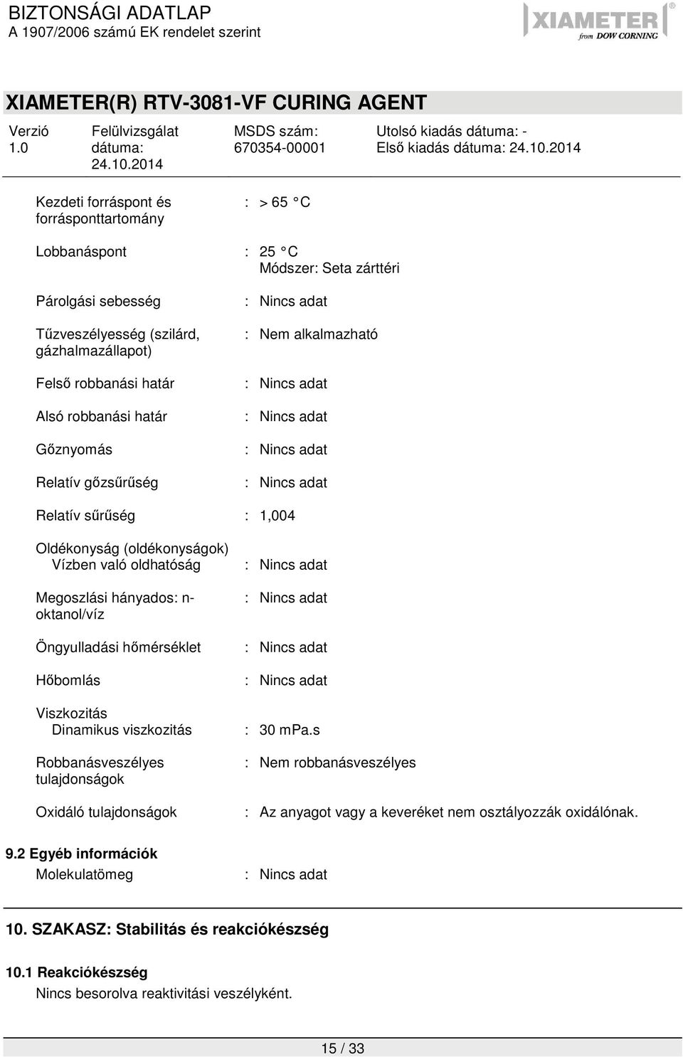 (oldékonyságok) Vízben való oldhatóság Megoszlási hányados: n- oktanol/víz Öngyulladási hőmérséklet Hőbomlás Viszkozitás Dinamikus viszkozitás Robbanásveszélyes tulajdonságok Oxidáló tulajdonságok :