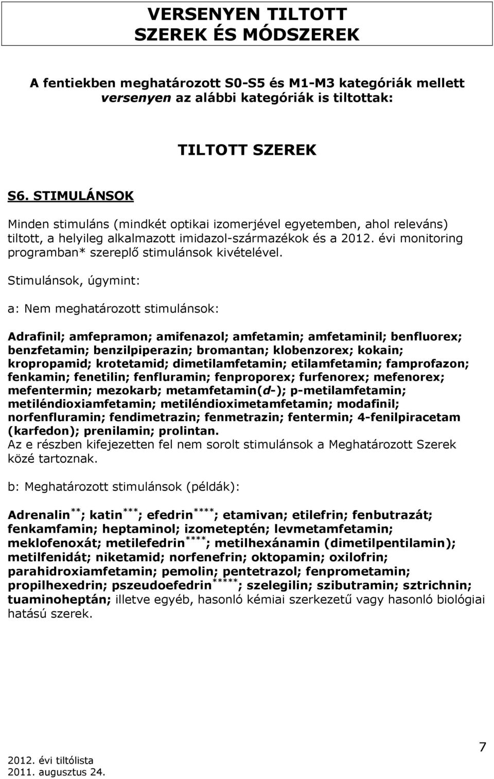 évi monitoring programban* szereplő stimulánsok kivételével.