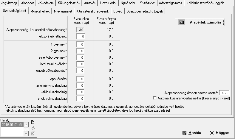 Jogviszony / Munkaügy / Szabadságkeretek A Munkaügy/Szabadságkeretek fülön a dolgozó alap- és pótszabadságait tudjuk beállítani, ha az Alapértékszámolás nevű kapcsolóra kattintunk.