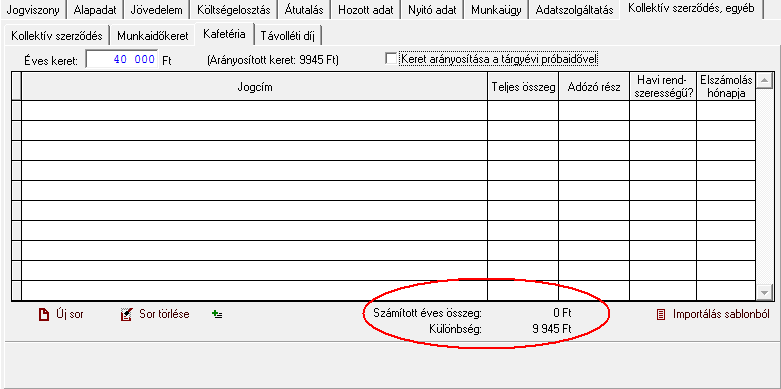 A dolgozókhoz rendelt Kafetéria csomagok egyénileg módosíthatók az Alapadatok/ Dolgozó törzsadatai/ Jogviszony/ Kollektív szerződés/ Kafetéria fülön, ahol egyedi Kafetéria csomag kialakítására, is