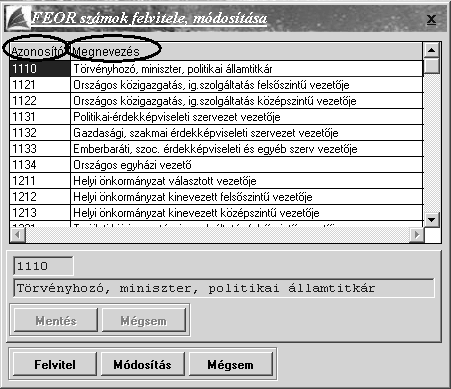 Alapadatok / FEOR módosítás, bővítés Ebben a menüpontban lehetősége nyílik a programban található FEOR listát (a kódokat és megnevezéseket egyaránt) szükség szerint szerkeszteni, vagy újabbakat