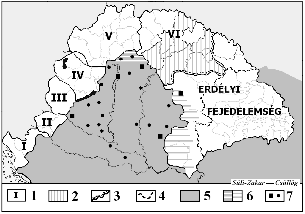 110 36. ábra Magyarország területi tagolódása a hódoltság korában 1. A Királyi Magyarország Főkapitányságai: I. Horvát Főkapitányság II. Vend Főkapitányság III. Balaton Dráva közi Főkapitányság IV.