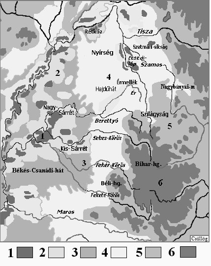 16. ábra A Tiszántúl térosztási felszínei és tájai 1. térosztáson kívüli, állandóan vízzel borított síkságok 2. erős borítottsági térosztású, időszakosan vízzel borított síkságok 3.