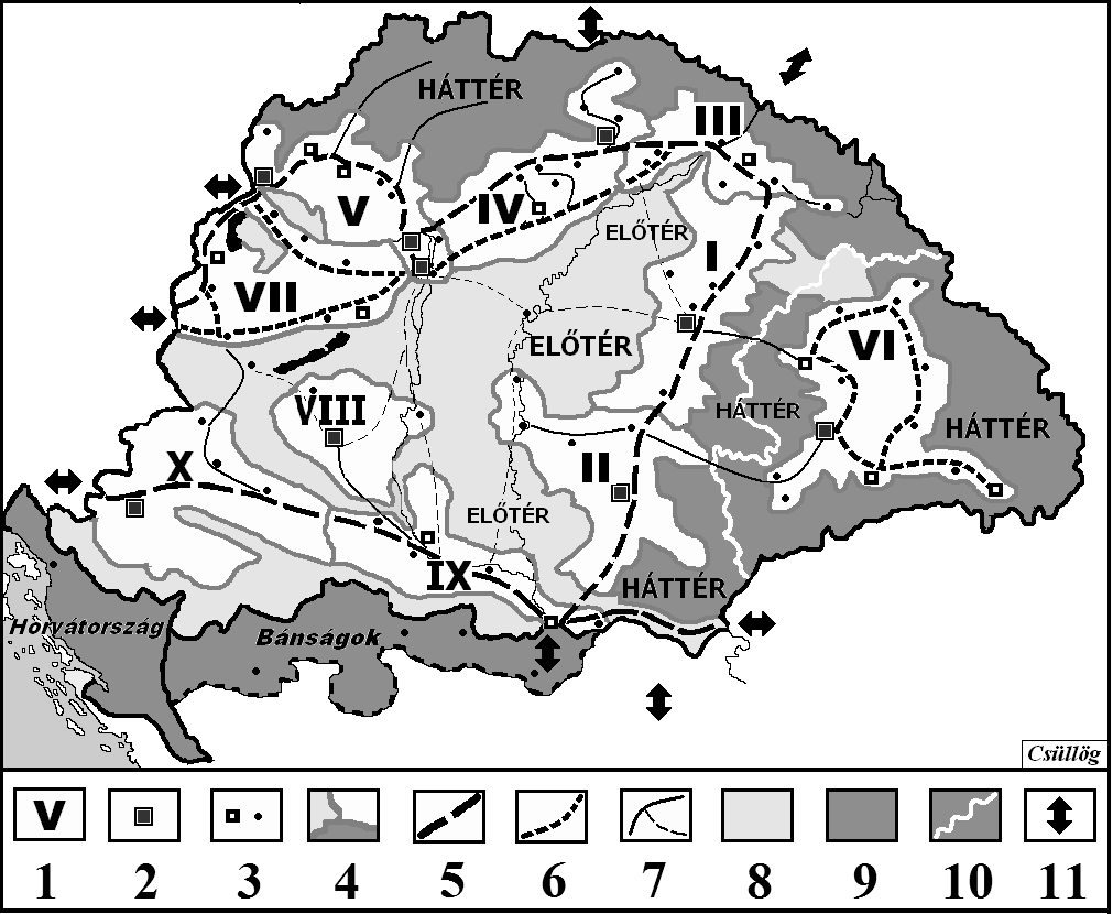 18. ábra Magyarország nagymedencei térszerkezete a 14 16. században 1. térkapcsolati régiók: I. Tiszántúl II. Temesi délvidék III. Kelet- Tiszáninnen IV. Nyugat-Tiszáninnen V. Dunáninnen VI.