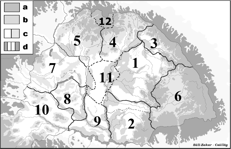 19. ábra Térkapcsolati régiók és köztes térségek a 14 15. században a) erdő-térszín b) folyó-térszín c) település-térszín d) külső-térszín Teljes szerkezetű régiók: 1. Tiszántúl 2.